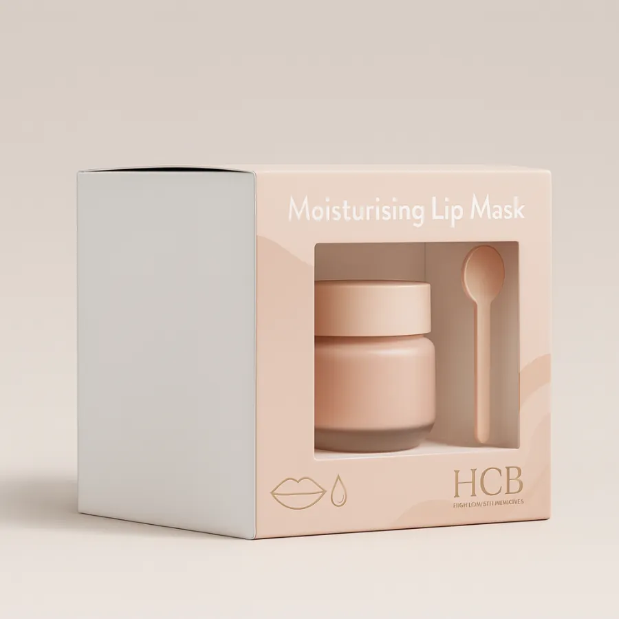 A square peach box with a window showing a lip mask jar and spoon- class=